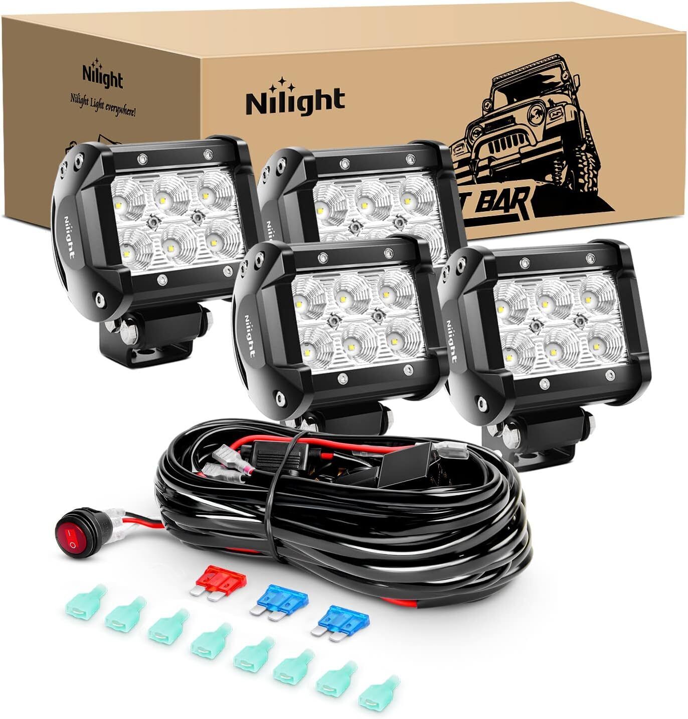 Nilight LED Pods, 4-Pack, 4-Inch 18W Flood Off-Road Fog / Driving / Roof Lights