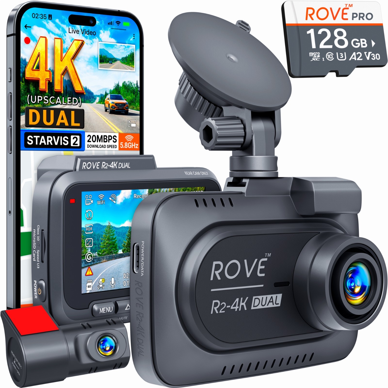 ROVE R2-4K DUAL Dash Cam Front and Rear STARVIS 2 Sensor 128GB Card 5G WiFi