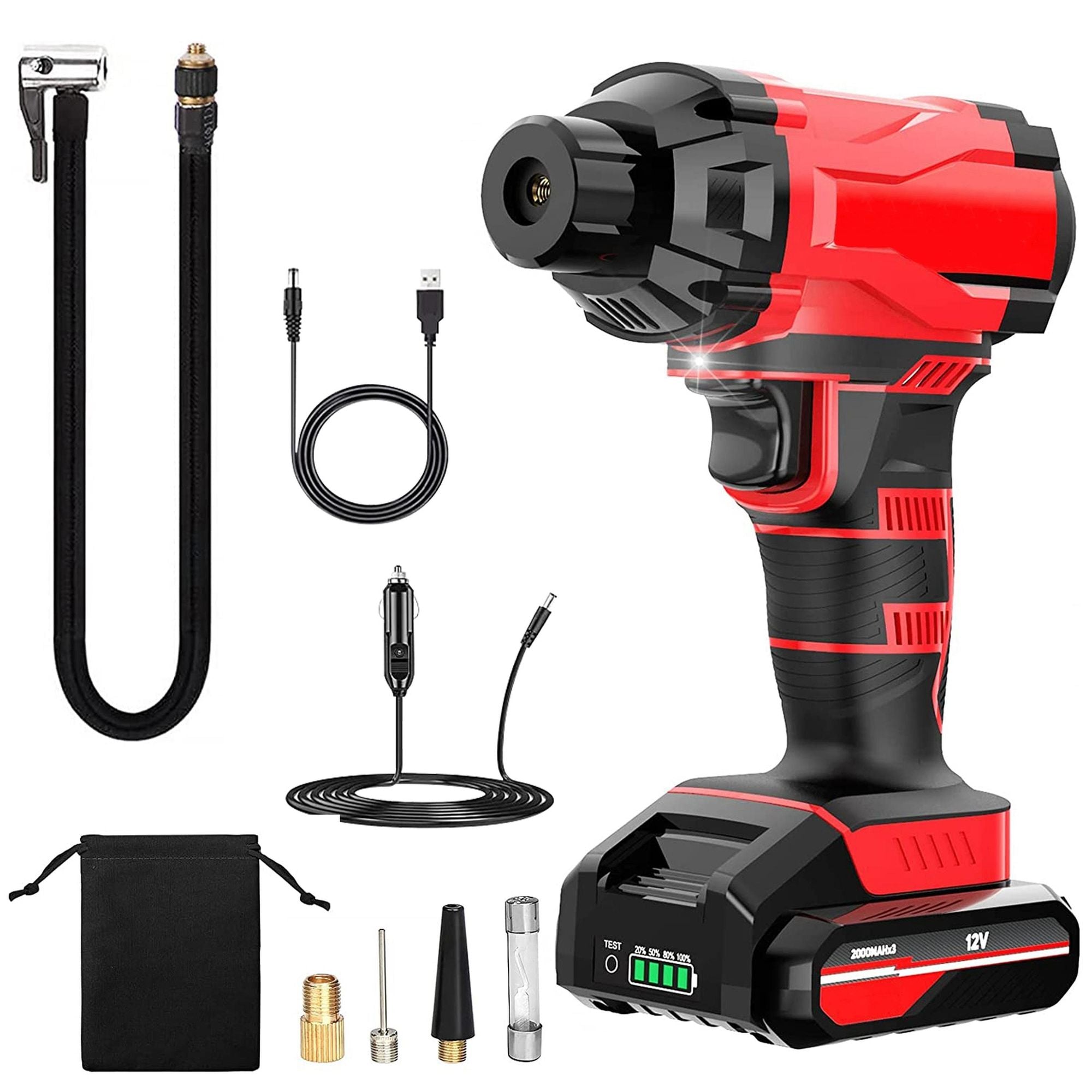 Air Pump Tire Inflator LED Light Nozzle Adapter 12V Portable 120W With Charger
