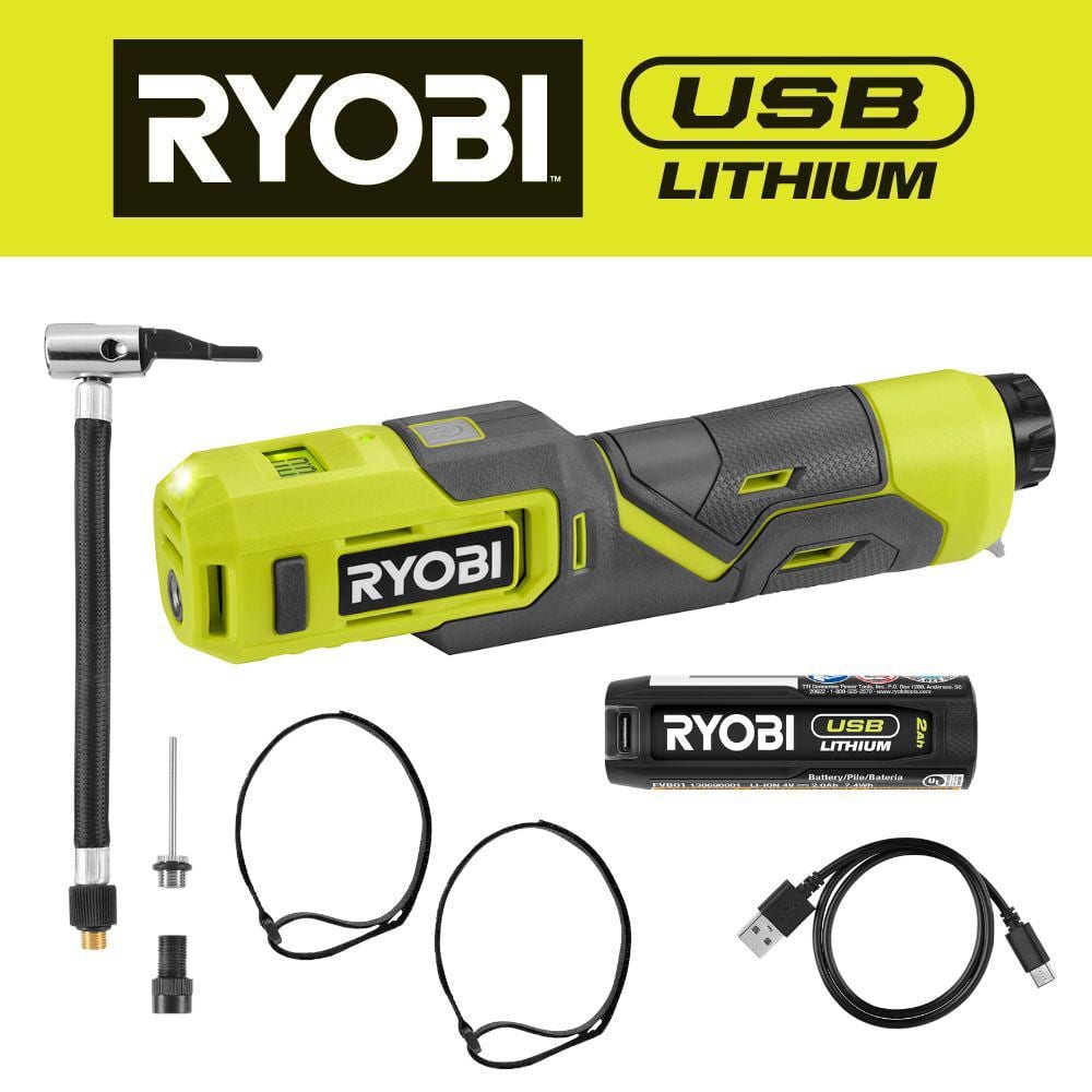 RYOBI USB Lithium Cordless High Pressure Inflator Kit — FVIF51 (2.0Ah Battery)