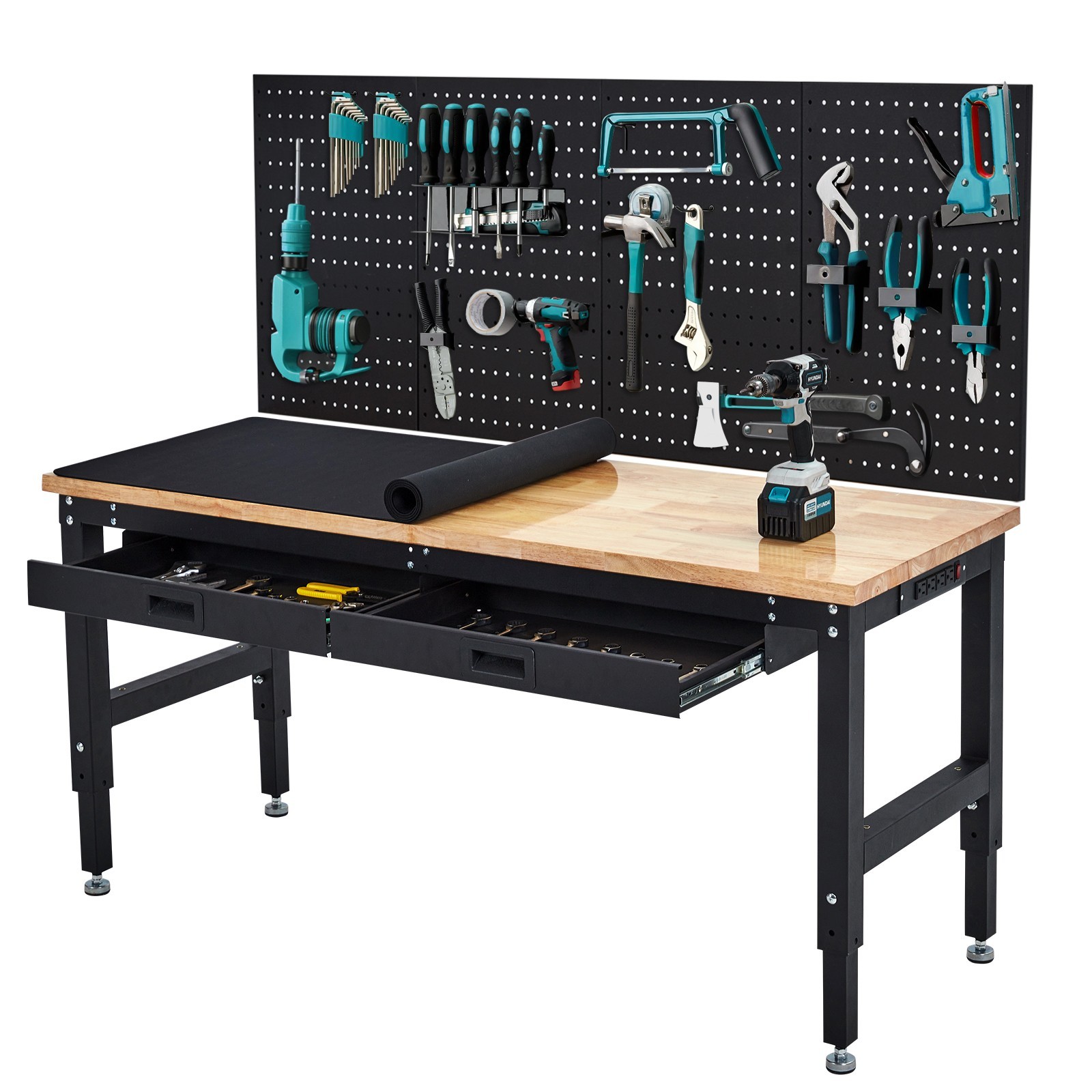 60" Adjustable Workbench with Pegboard Drawers Wheels & Power Outlet