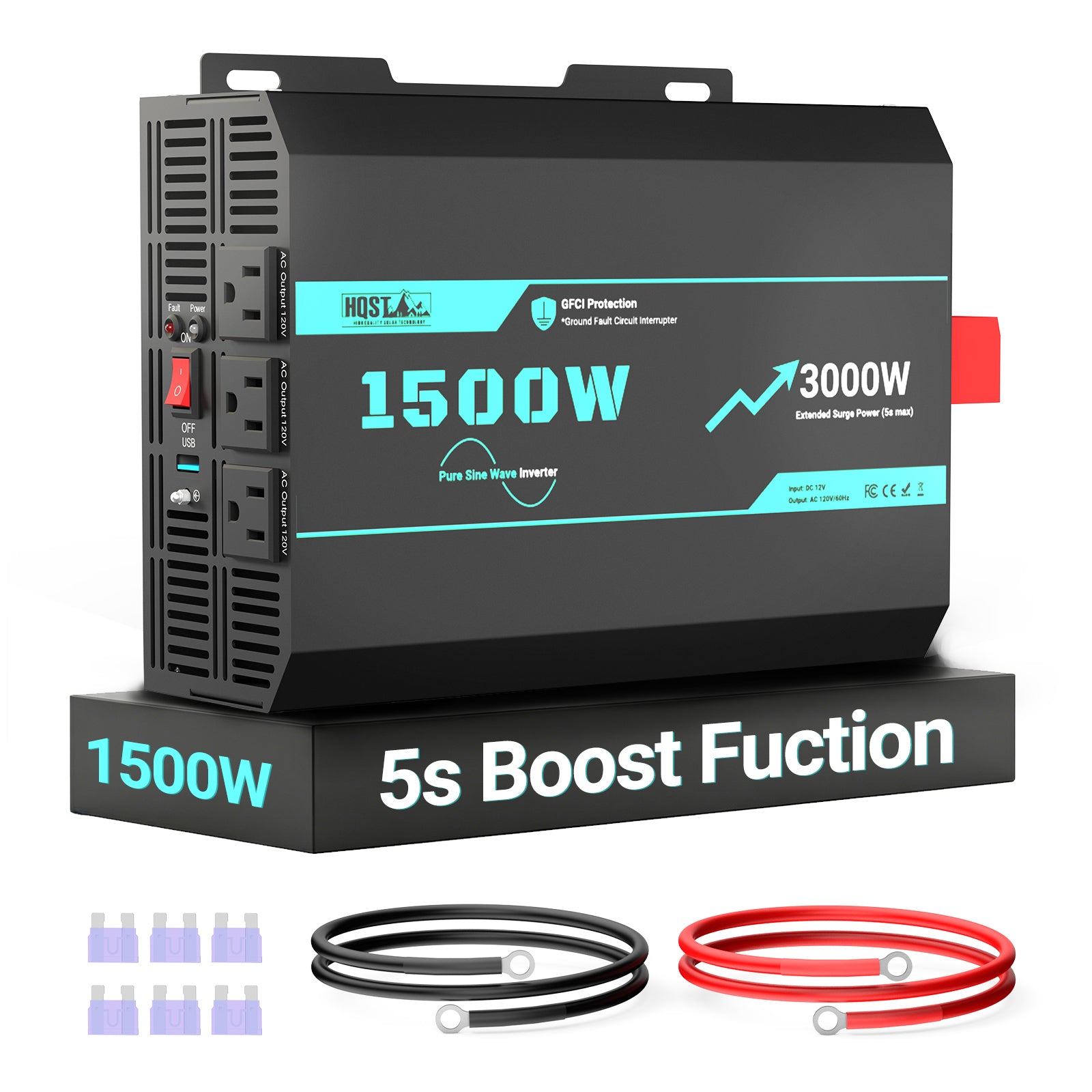 HQST 1500W Pure Sine Wave Inverter 12V to 120V, 3000W Surge, GFCI