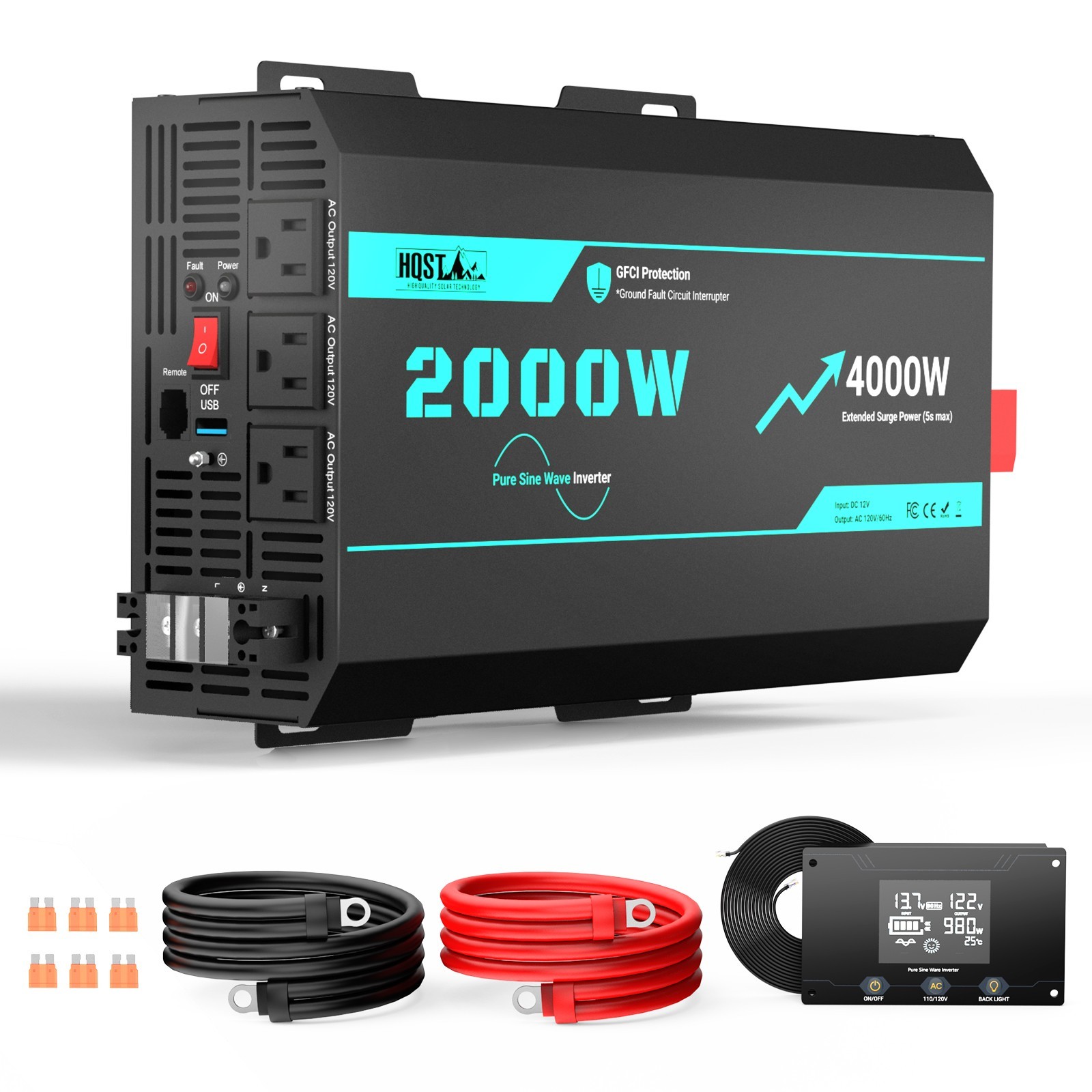 HQST 2000W 12V Pure Sine Wave Inverter (4000W surge, wired remote)