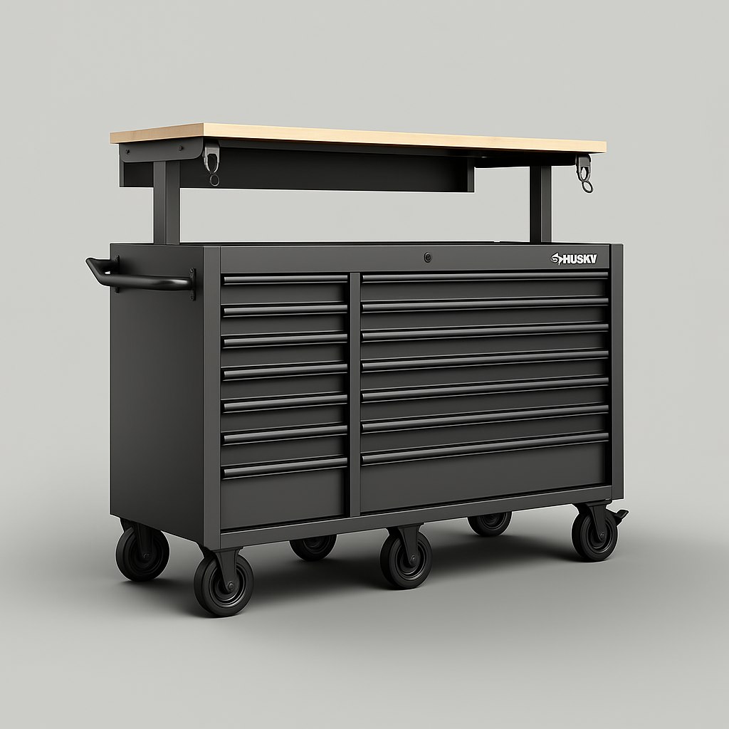 Husky 62in 14-Drawer Mobile Workbench Wood Top Matte Black