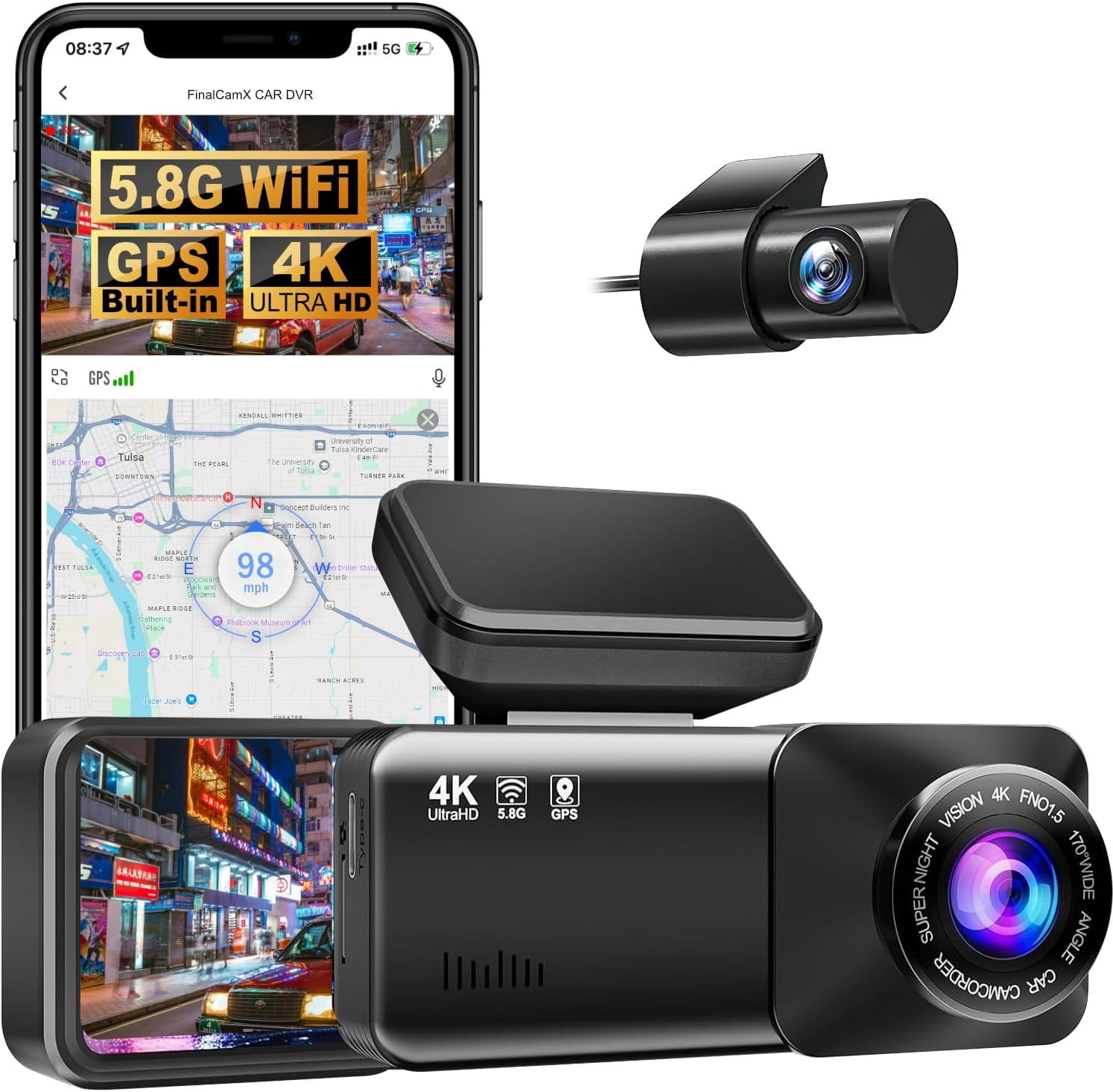 4K Dash Cam Front Rear 2K WiFi GPS Night Vision Parking Mode 64GB