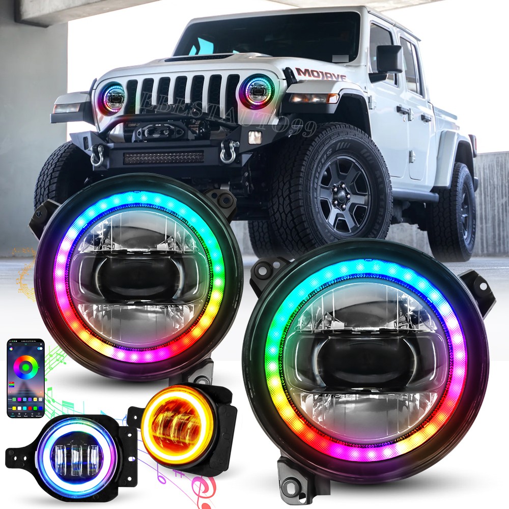 RGB 9 inch Halo LED Headlights Fog Light Combo Fit Jeep Wrangler JL Gladiator 18-23