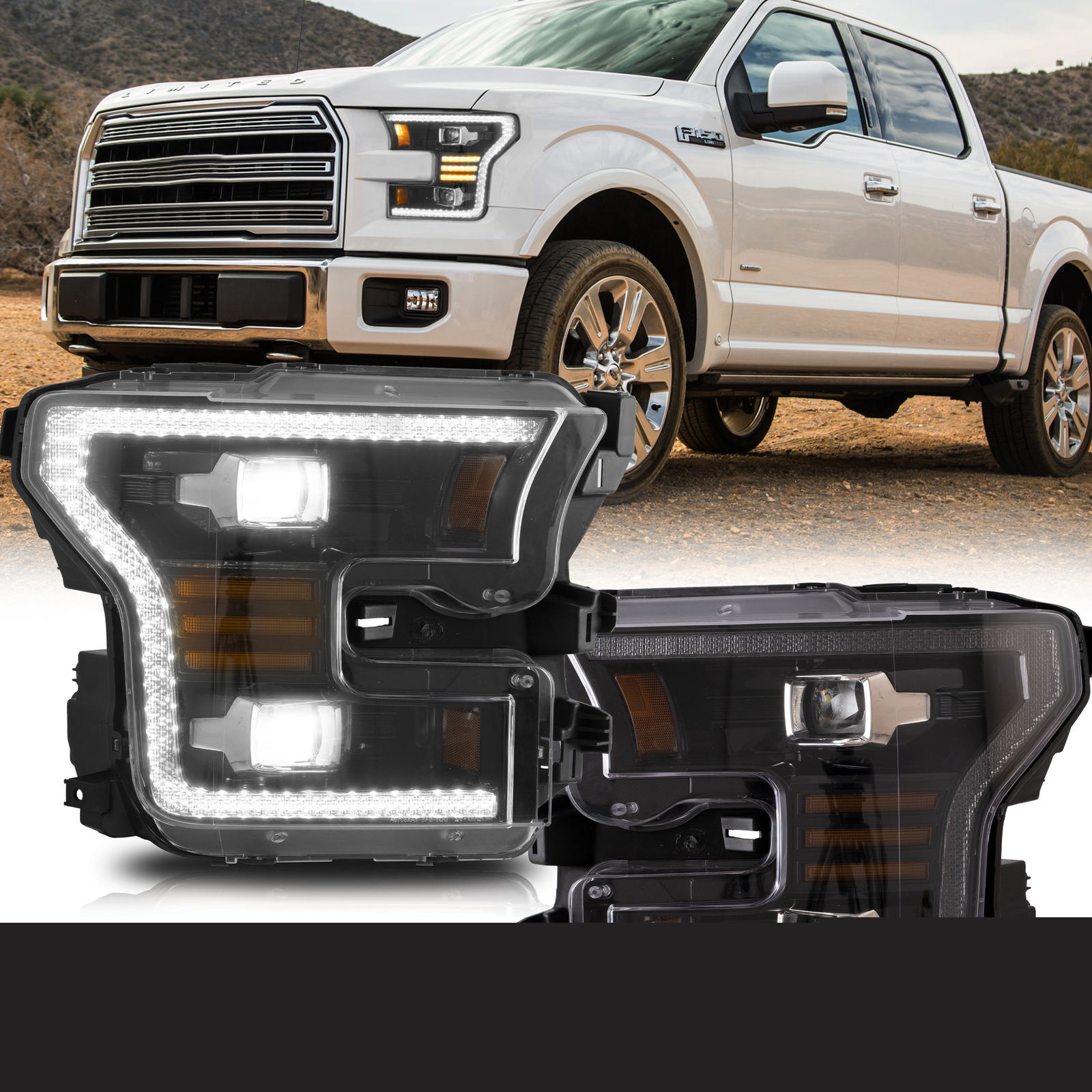 VLAND Headlights For FORD F150 XL XLT SSV 2015-2017 LED Projector Amber L+R