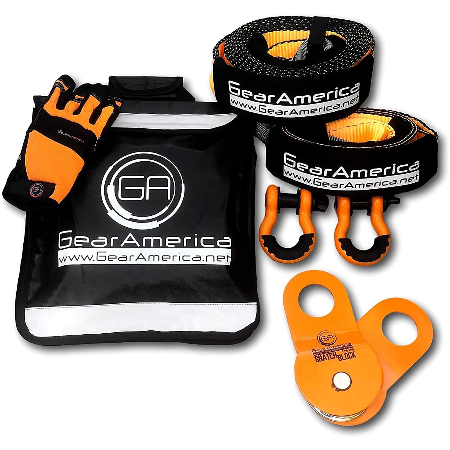 GearAmerica Off Road Recovery Kit, 9 Ton — Tow Strap, Tree Saver, Orange