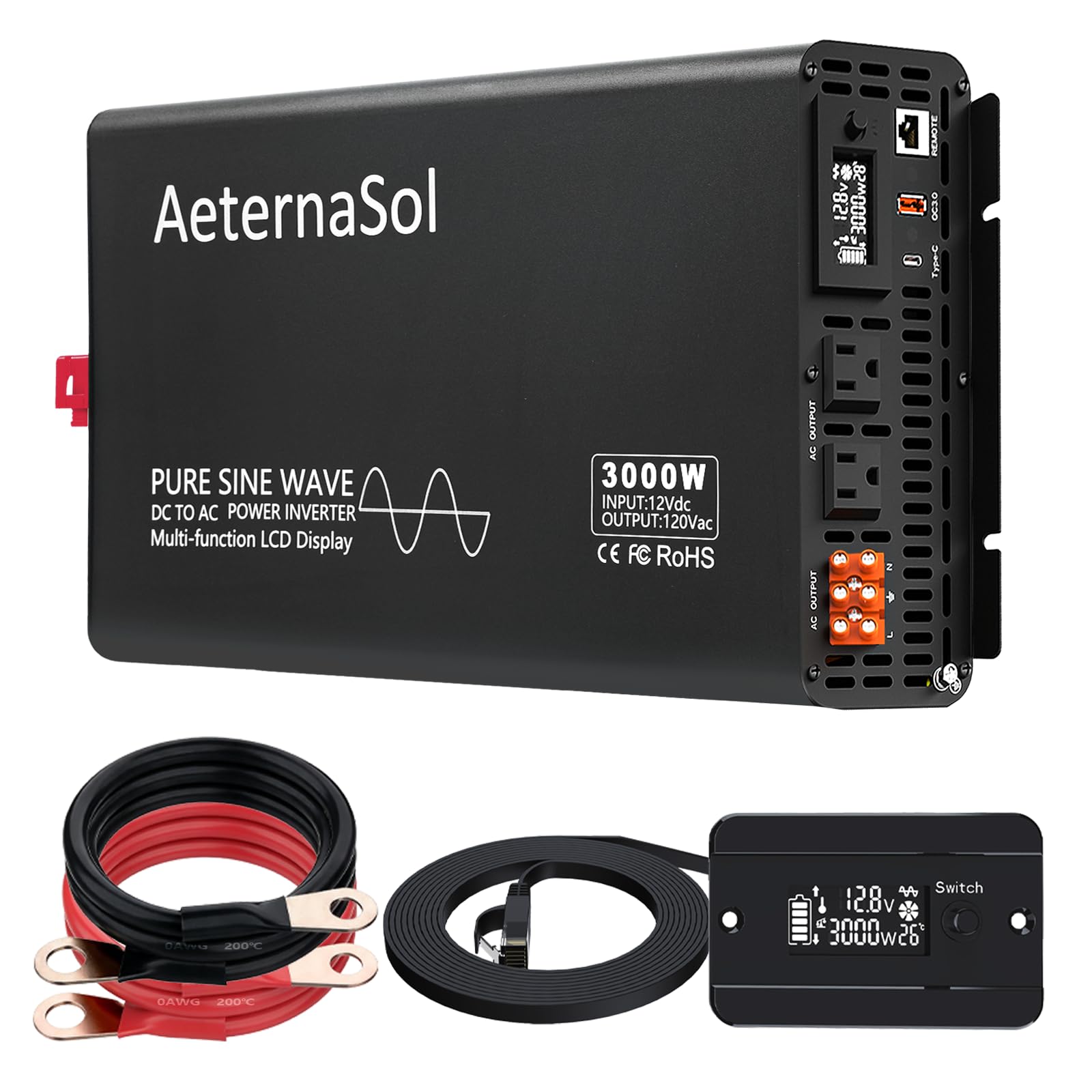 AeternaSol 3000W Pure Sine Wave Inverter 12V to 110V