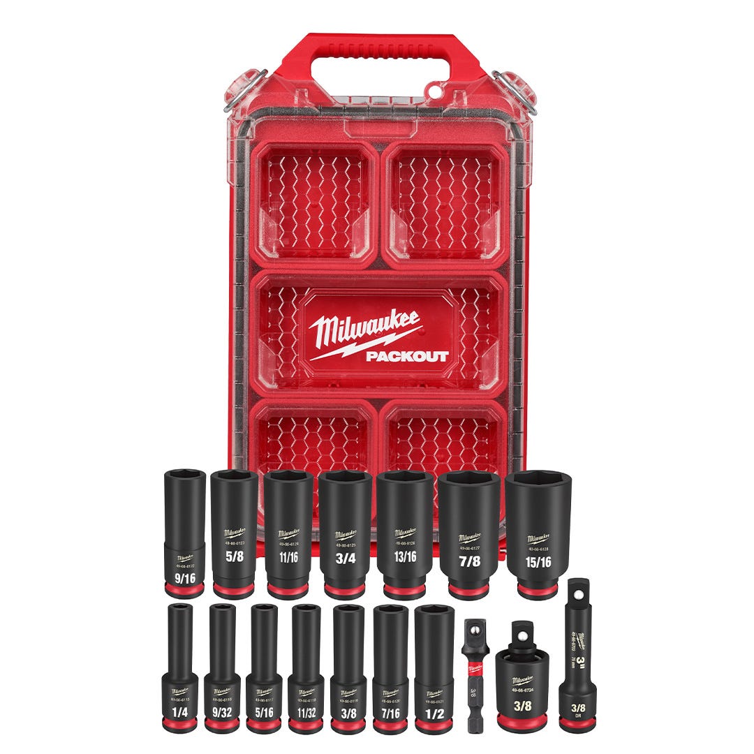 Milwaukee SHOCKWAVE 6 Piece Impact 3/8 Drive SAE Deep Socket Set w/ PACKOUT case (iid from catalog)