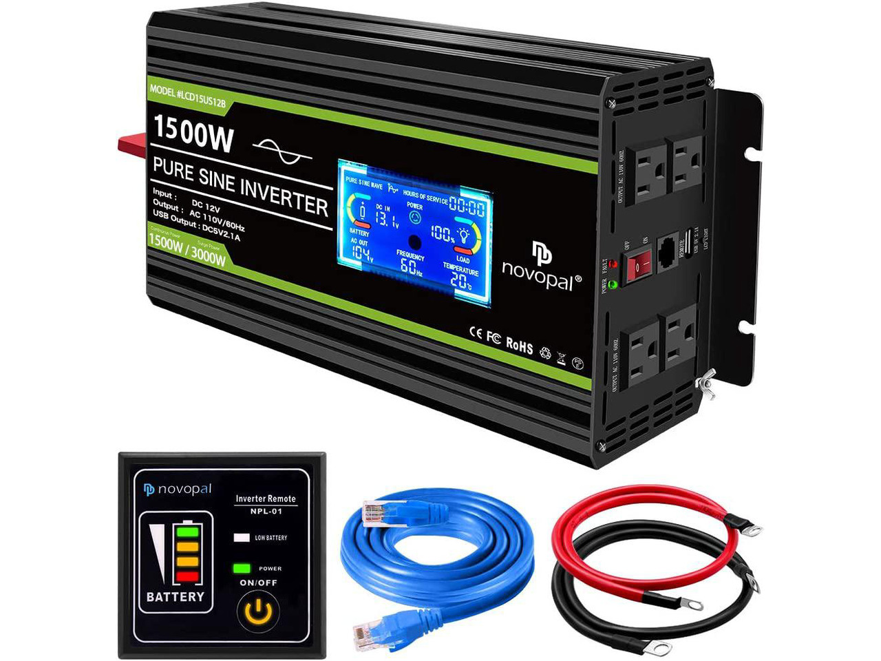1500W 2000W 2600W Car Power Inverter 12V to 110V 120V With 2USB 2AC LCD Display