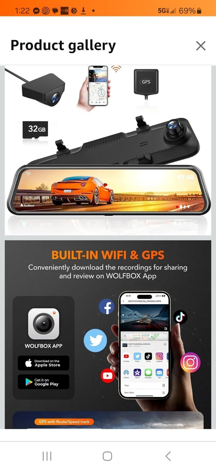 WOLFBOX G840H 12" Mirror Dual Dash Cam (WiFi + GPS)