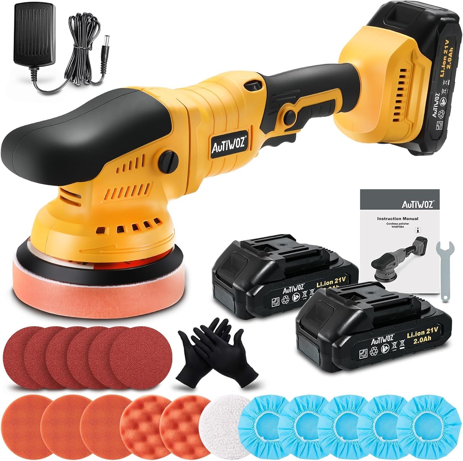 Cordless Car Buffer Polisher kit w/ 2x2000mAh 21V Batteries, 6 Inch Car buffer