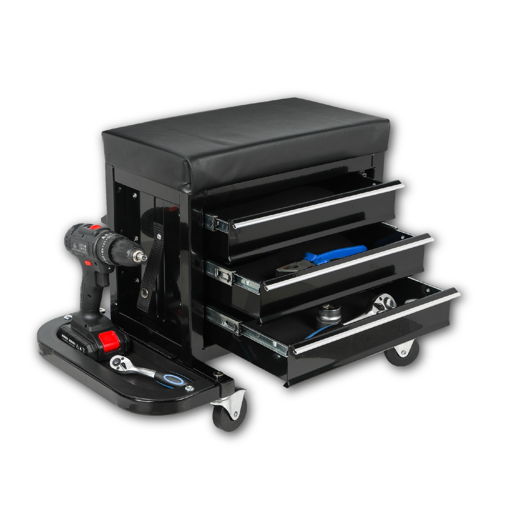 3-Drawer Rolling Tool Chest Mechanic Seat with Tool Trays 350lbs Capacity