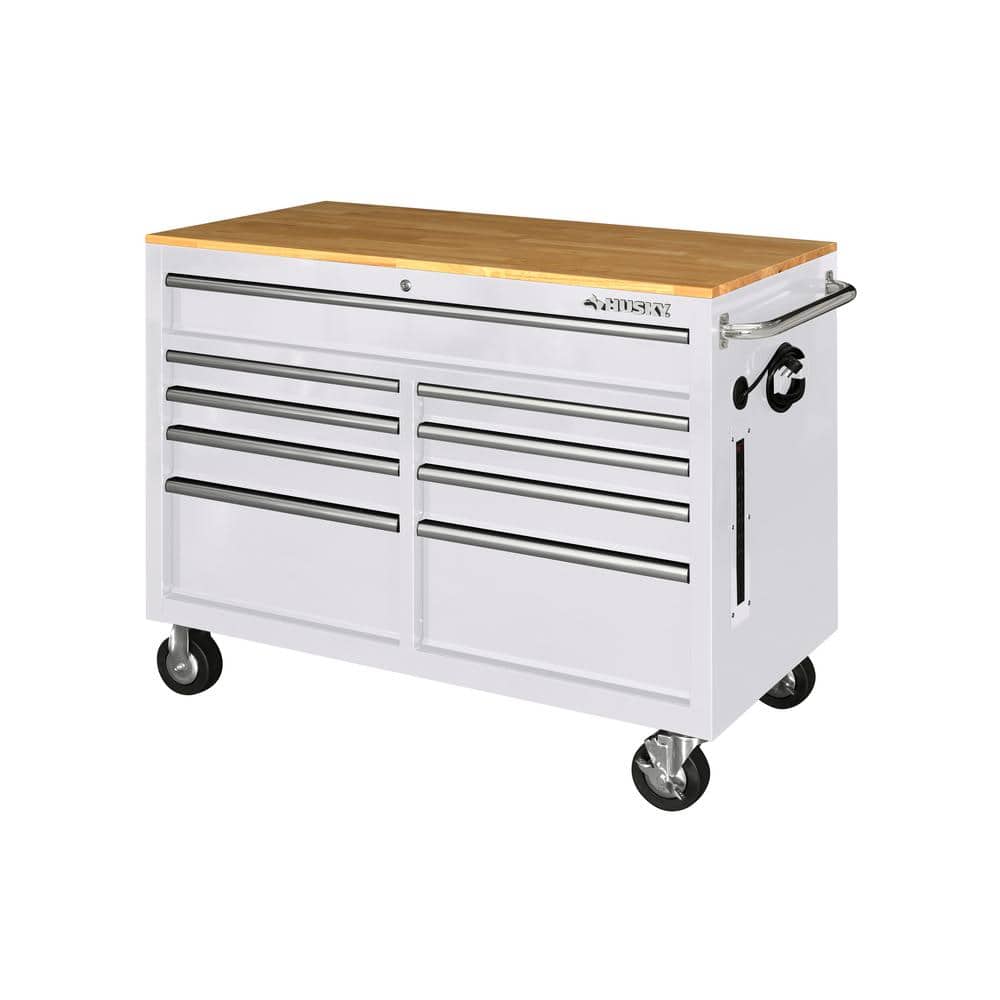 Husky 46 in 9-Drawer Mobile Workbench (rolling tool chest, wood top)