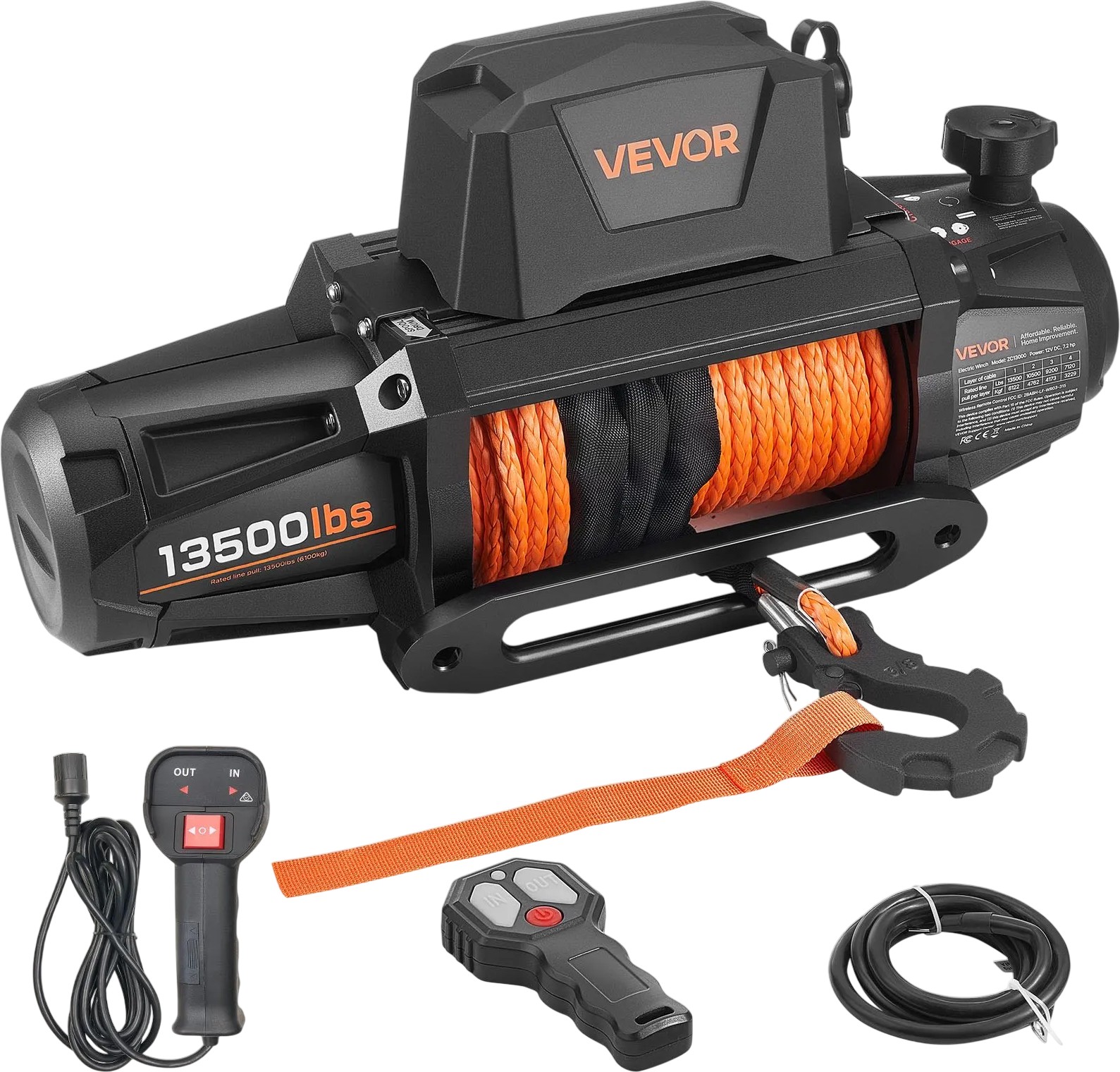 VEVOR Electric Winch 13500 lb, 12V, 92 ft Synthetic Rope (ZC13500)
