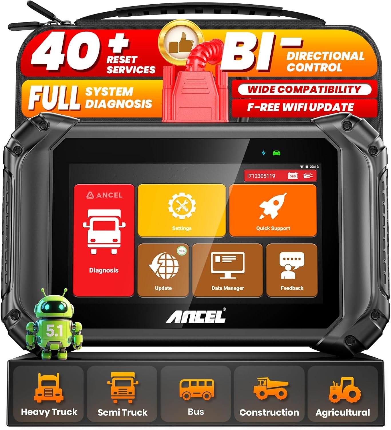 ANCEL V5 HD Heavy Duty Truck Scanner Bi-directional Diesel Diagnostic ECU Coding