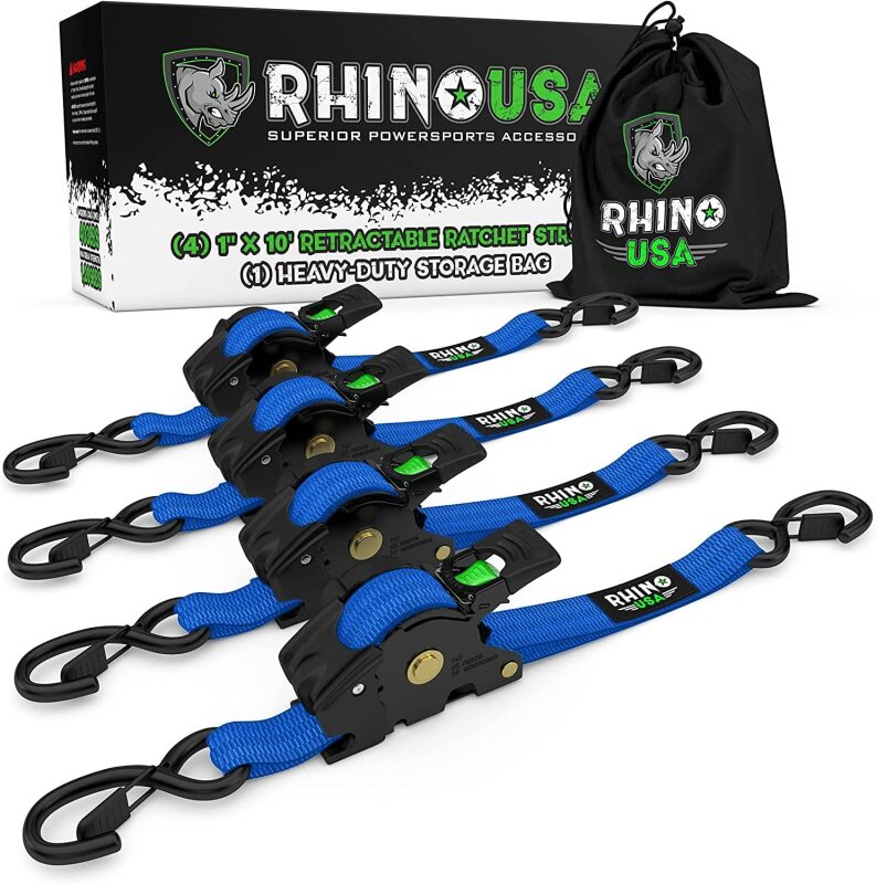 USA Retractable Ratchet Straps 4-Pack 1" x 10ft 1650lb Break