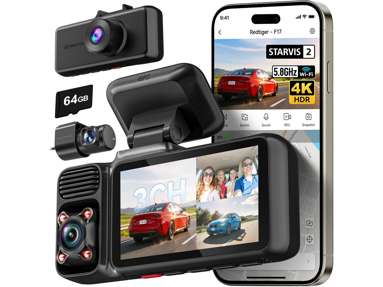 REDTIGER F17 4K 3-Channel Dash Cam (64GB card)