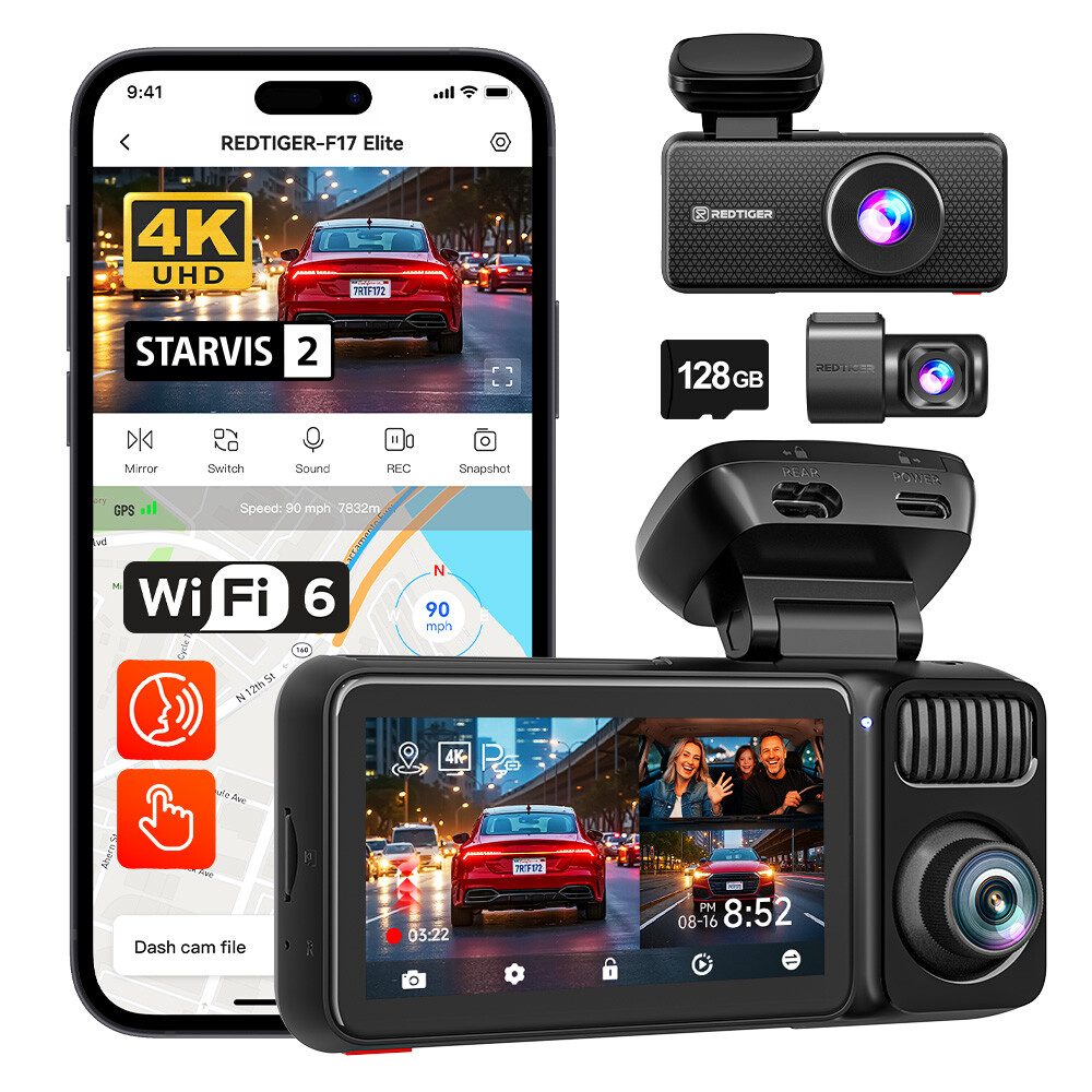 REDTIGER A3 3 Channel Dash Camera 128GB+32GB Card 2.5K+1080P+1080P IR Camera WIFI