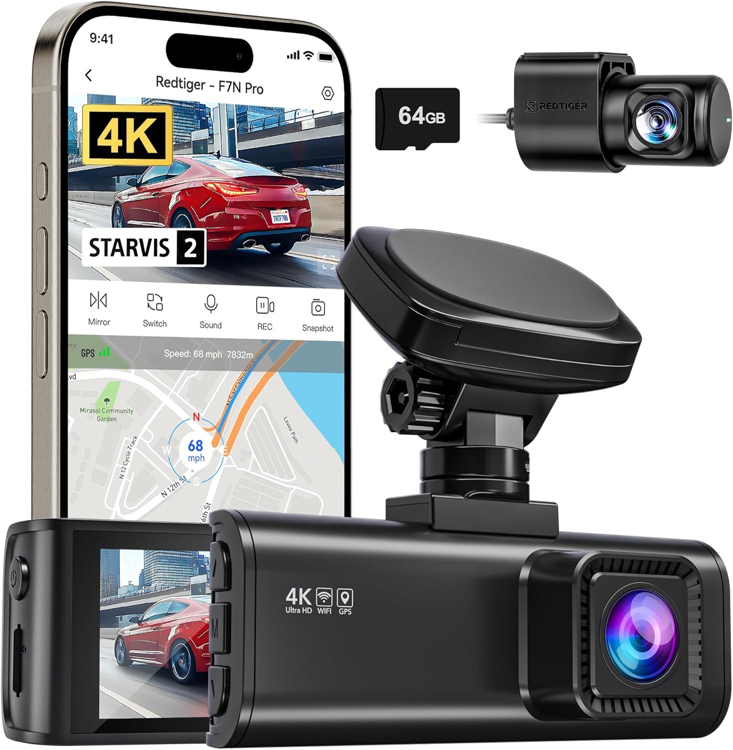REDTIGER F7N Pro 4K Dash Cam Front and Rear, STARVIS 2, 64GB Card