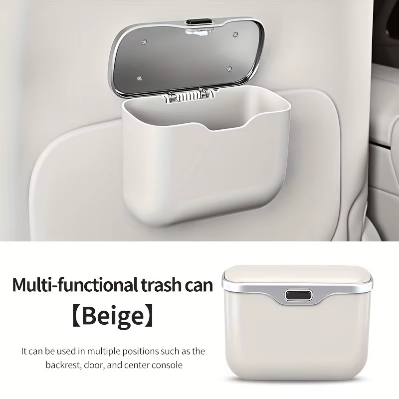 Multifunctional Car Trash Can with Lid Button, Hanging Storage Bin for Wet and Dry