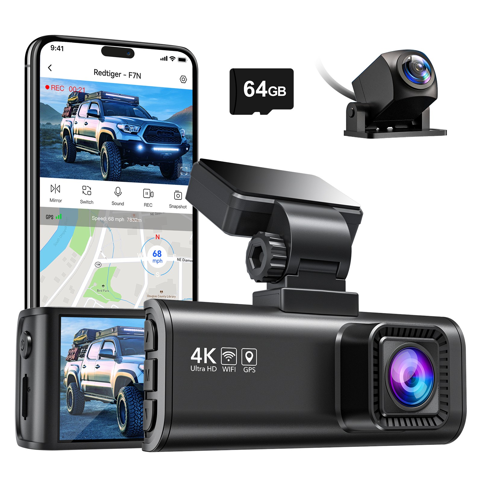 REDTIGER F7N Dual Dash Cam Front and Rear 4K Car Dash Camera with 64GB Card