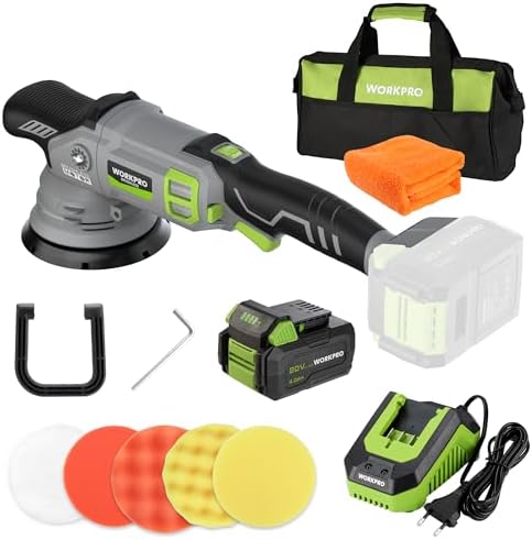 Workpro 20V Cordless Buffer Polisher Kit, Brushless Dual Action 5000RPM, 4.0Ah Battery