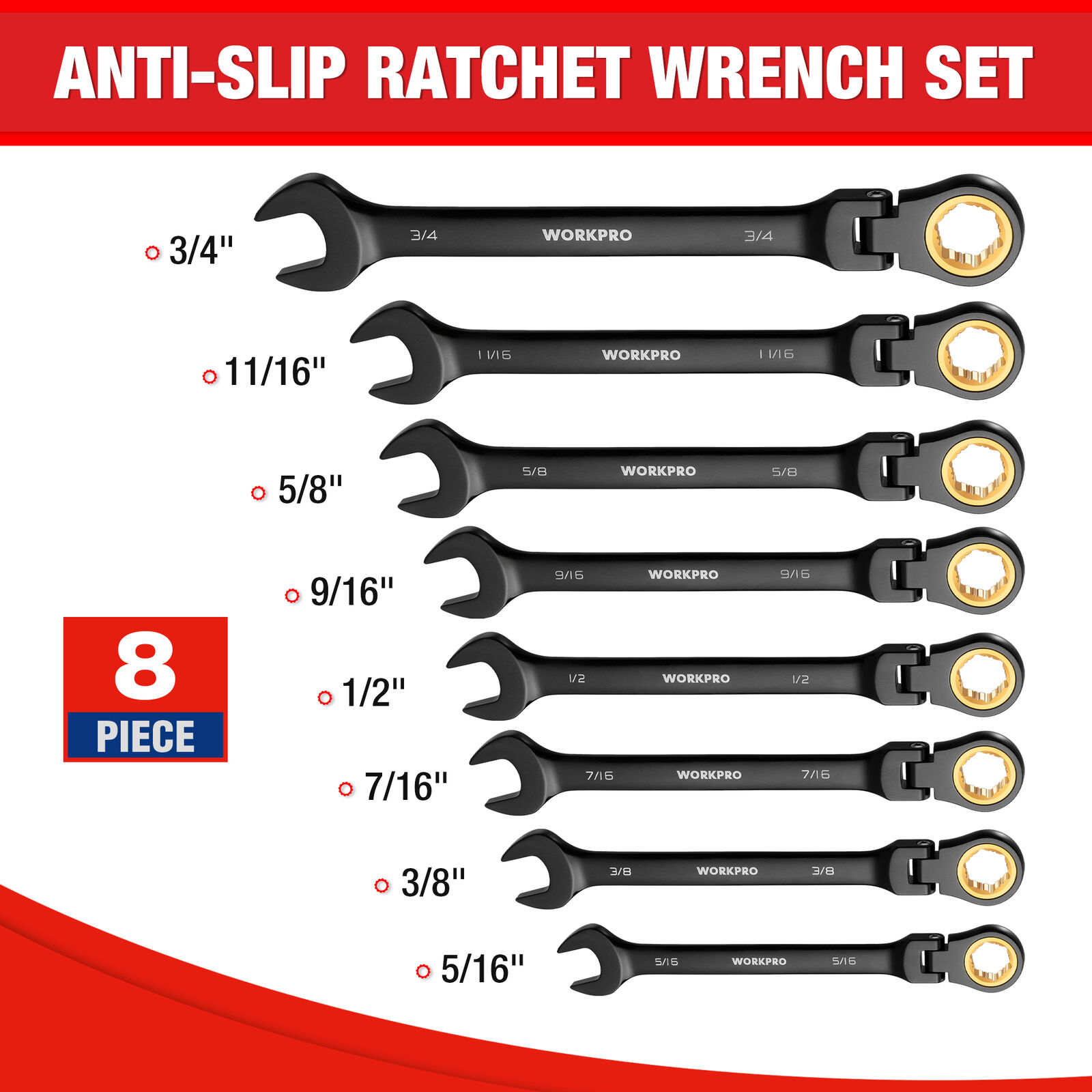 WORKPRO 8-Piece Stubby Anti-slip Ratcheting Combination Wrench Set SAE 72-Teeth