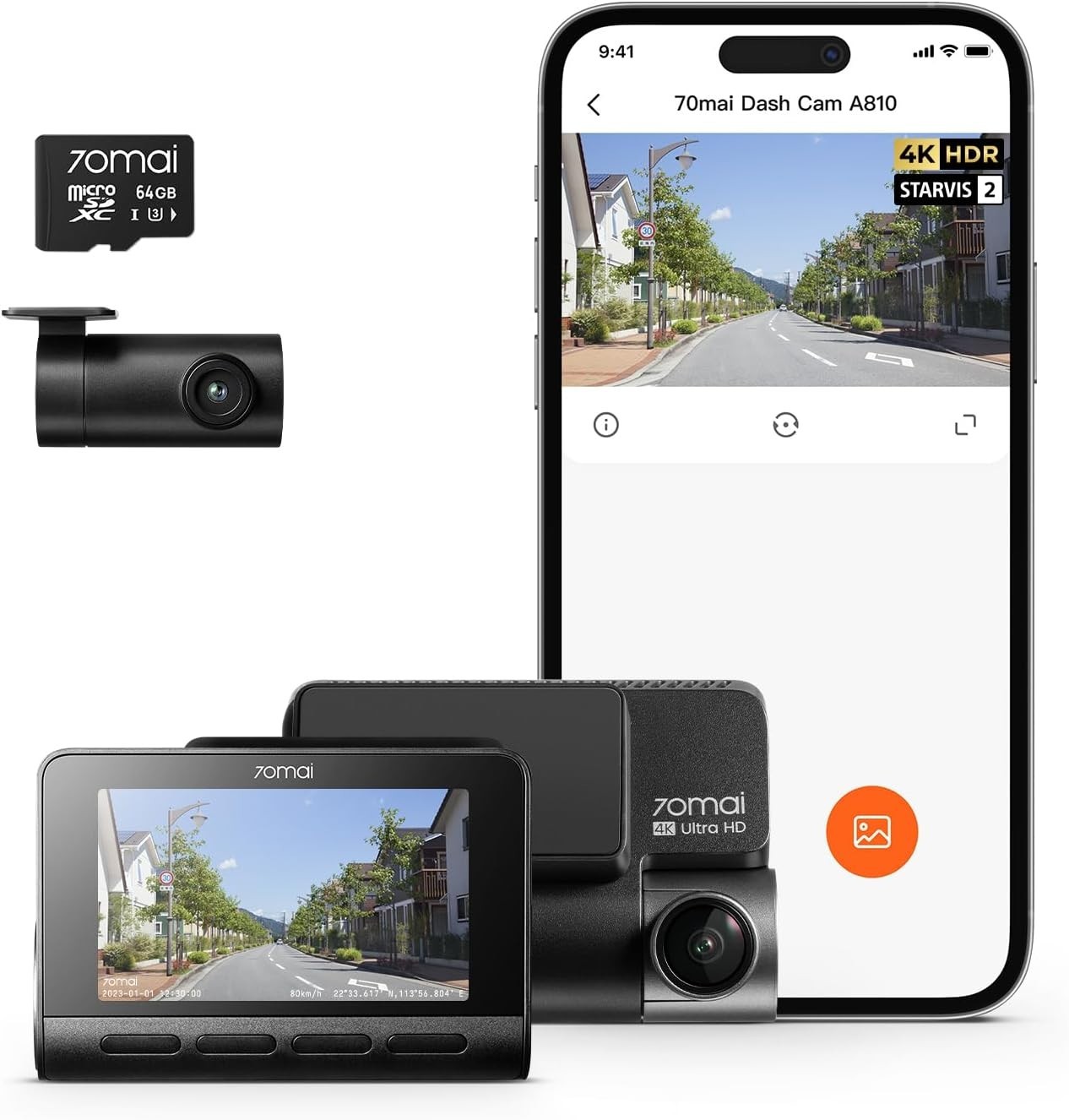 70mai A810 4K Dash Cam (front + rear dual cameras, HDR)