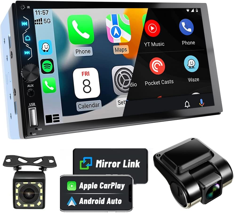 Full HD Double Din Car Stereo Bluetooth Dash Cam