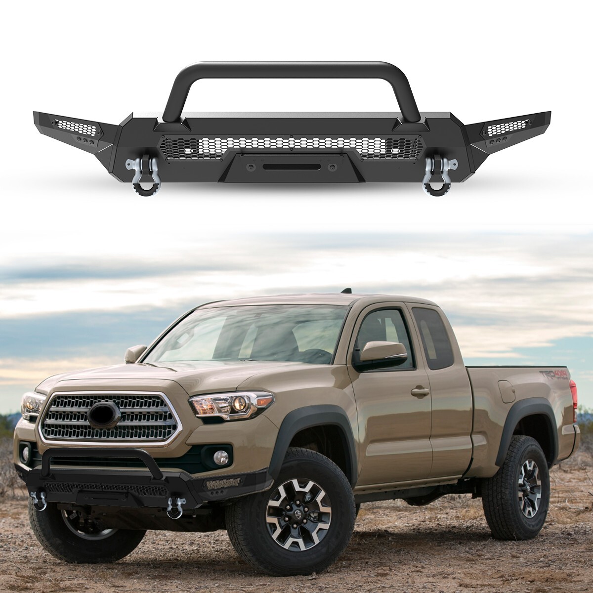 Front Bumper Guard Bull Bar Hidden Winch for 2016-2023 Toyota Tacoma Steel Light