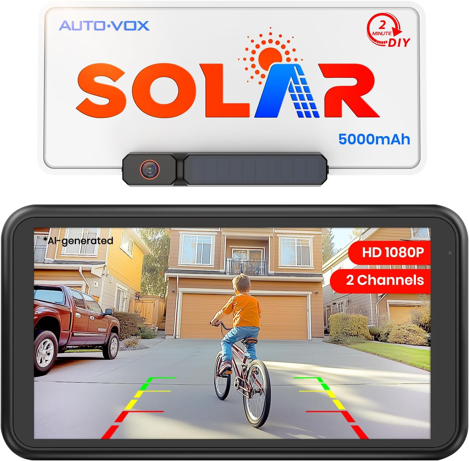 AUTO-VOX Solar Wireless Backup Camera 5" 1080P Monitor + 1/2PCS Rear View Cameras