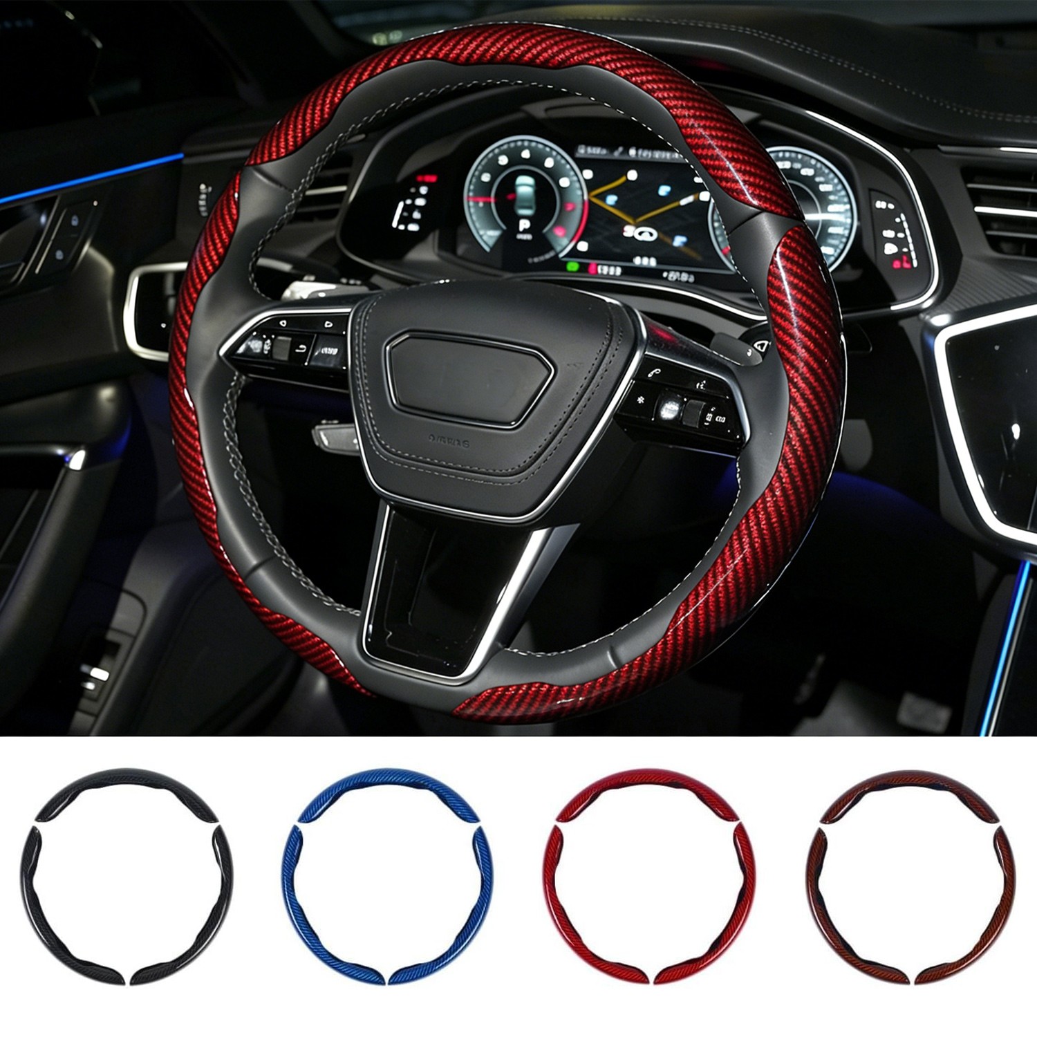 15'' Non-Slip Car Steering Wheel Cover Accessories Black Carbon Fiber
