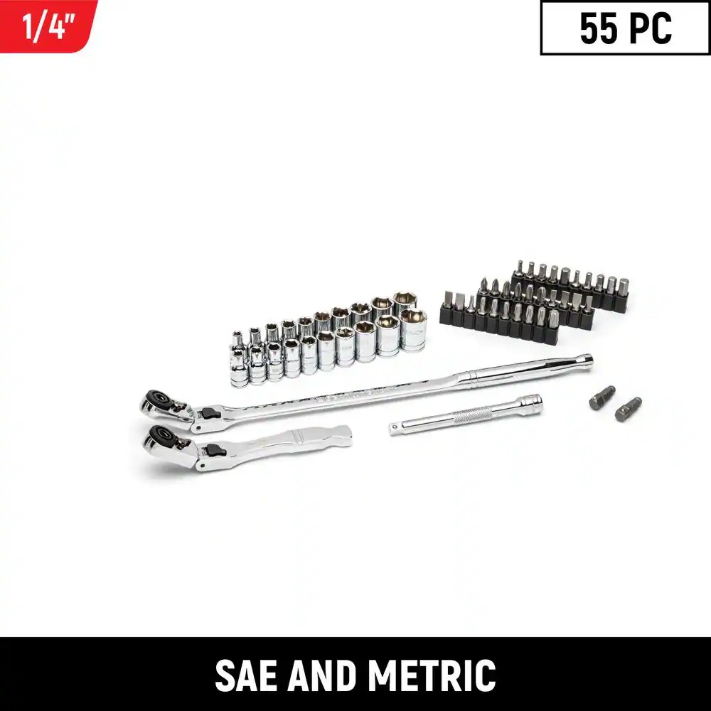 GearWrench 81039 1/4" Drive 6-Point SAE/Metric Slim Flex-Head Ratchet & Socket Set, 55-Piece