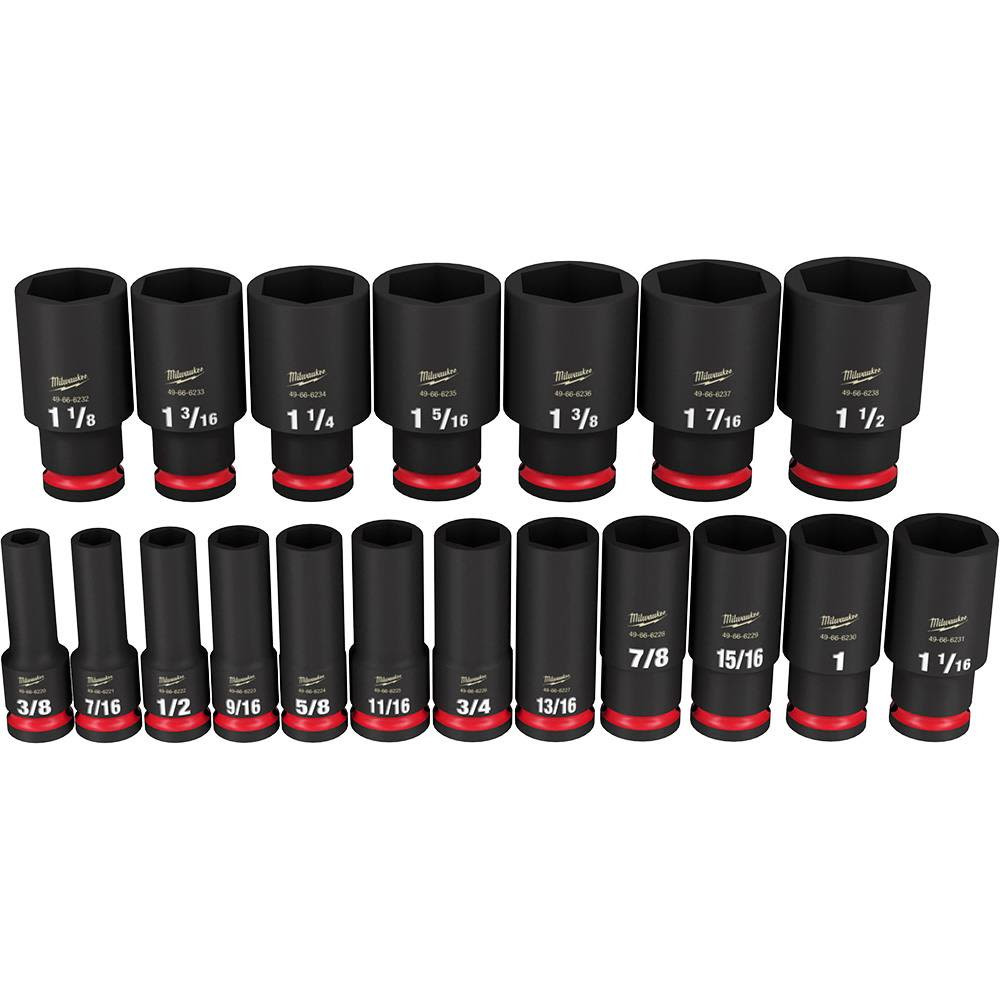 Milwaukee SHOCKWAVE 49-66-7012 1/2" Drive SAE 6-Point Deep Impact Socket Set, 19-Piece