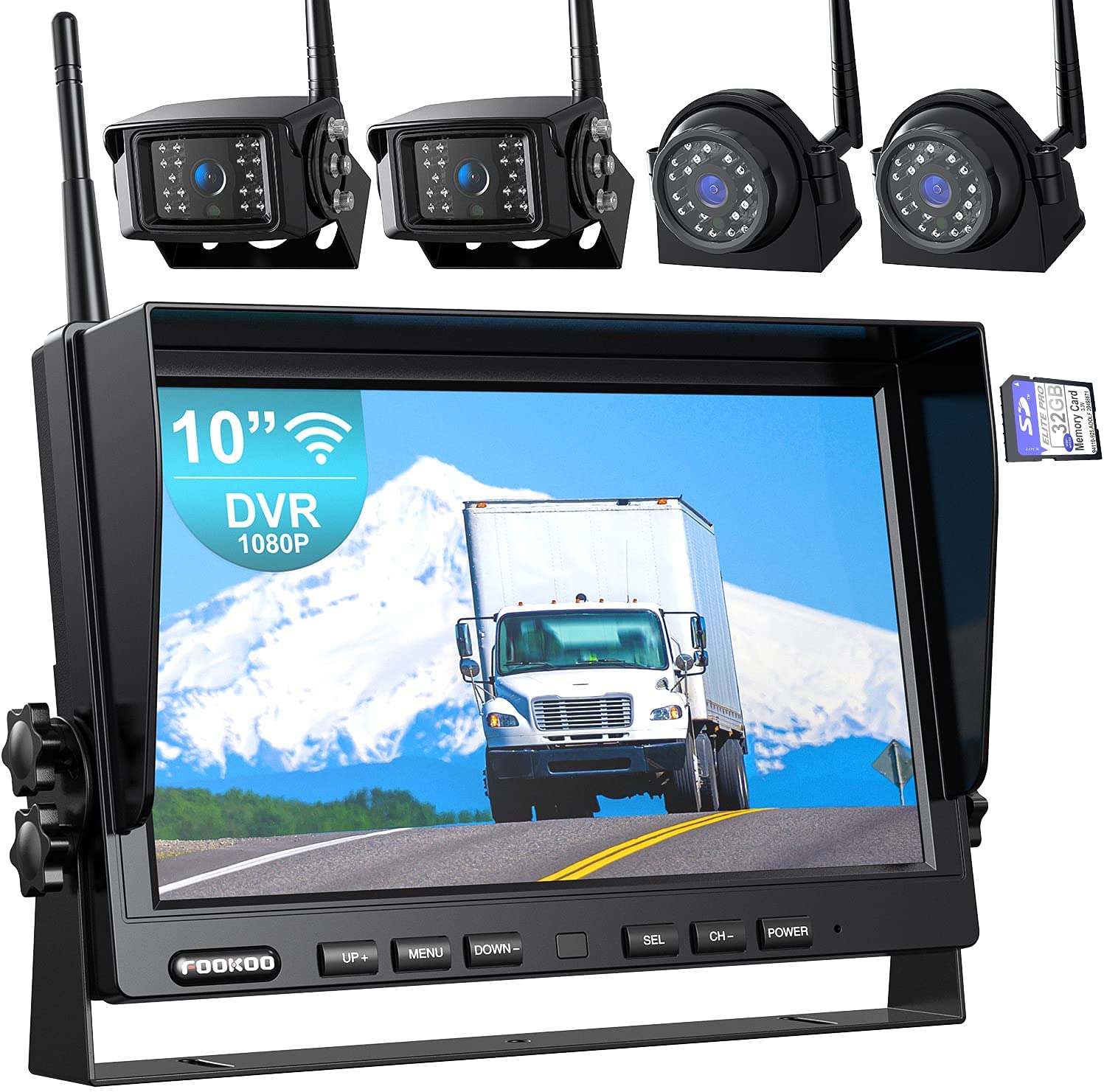 10.1in 1080P Wireless Rear Side Backup Camera DVR Quad Split Monitor for RV/Truck (iPoster)