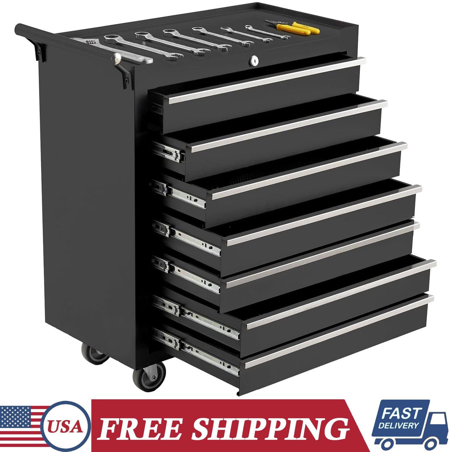 Rolling Tool Chest 7 Drawers Tool Box Lockable Storage Cabinet for Garage