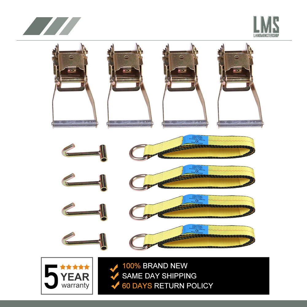 4 Set Lasso Wheel Lift Straps 2" Ratchets J Finger Hooks Tow Truck Tie Down