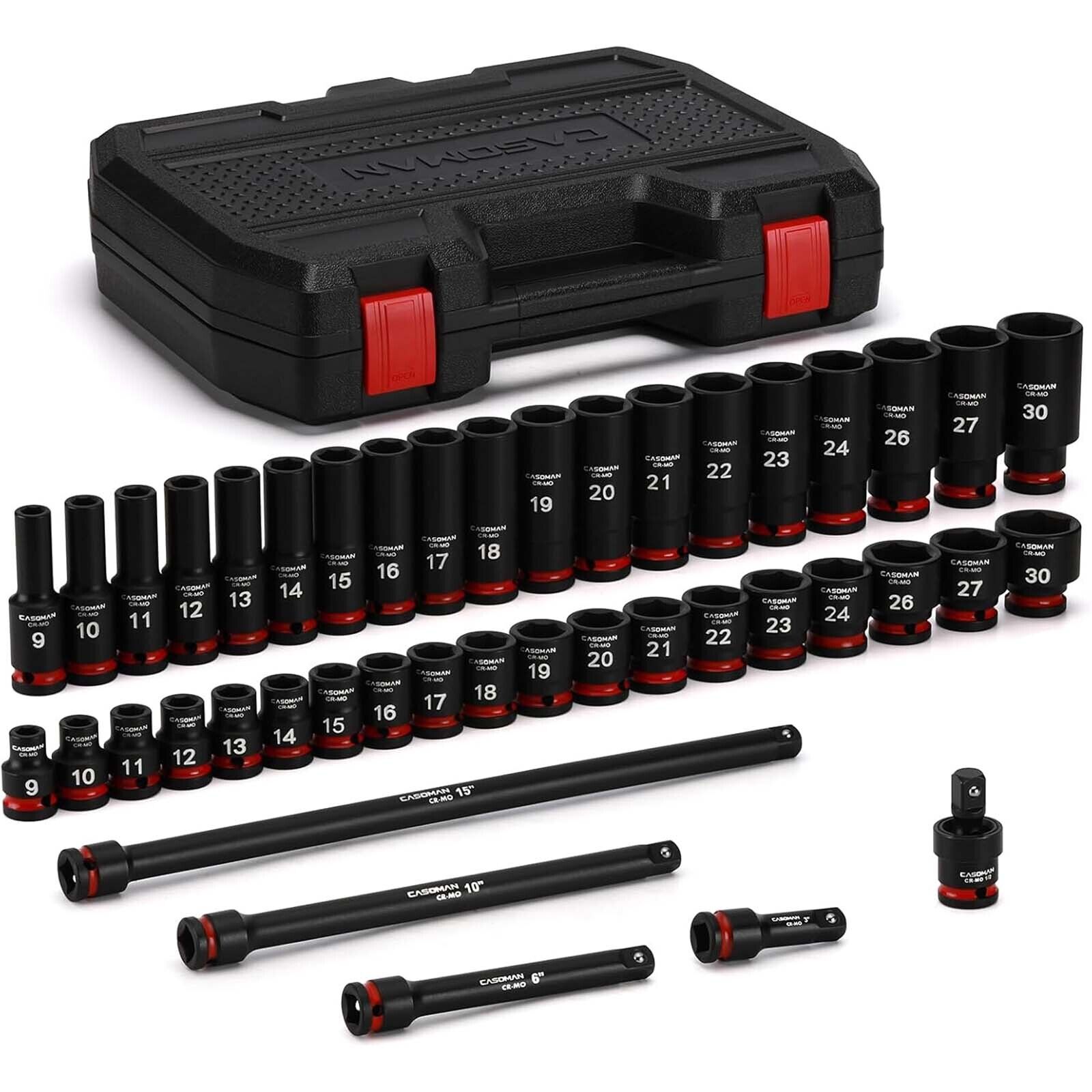 43pc 1/2" Drive Master Impact Socket Set Deep 6-Point Metric 9-30mm CR-MO