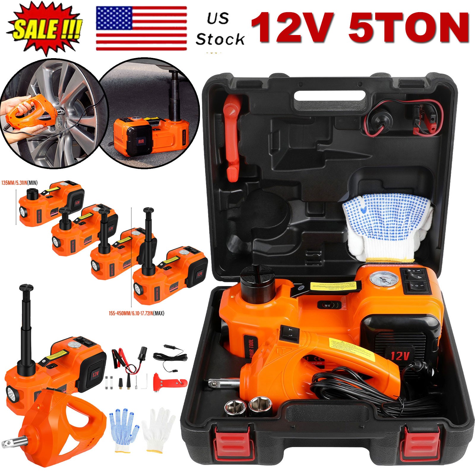 Electric Hydraulic Floor Jack 5-Ton with Impact Wrench and Inflator Kit