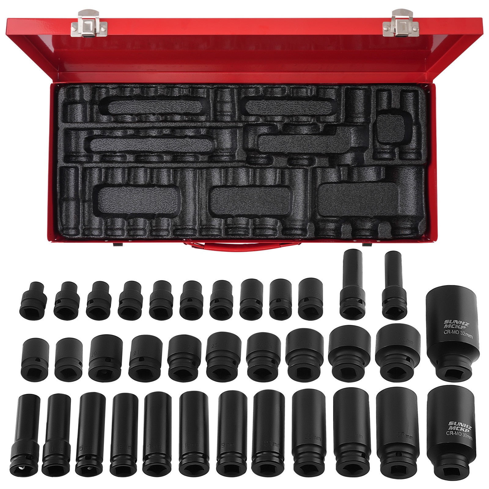 35PCS 1/2in Deep Impact Socket Set Drive 6 Point Metric Garage Tool 8-32mm