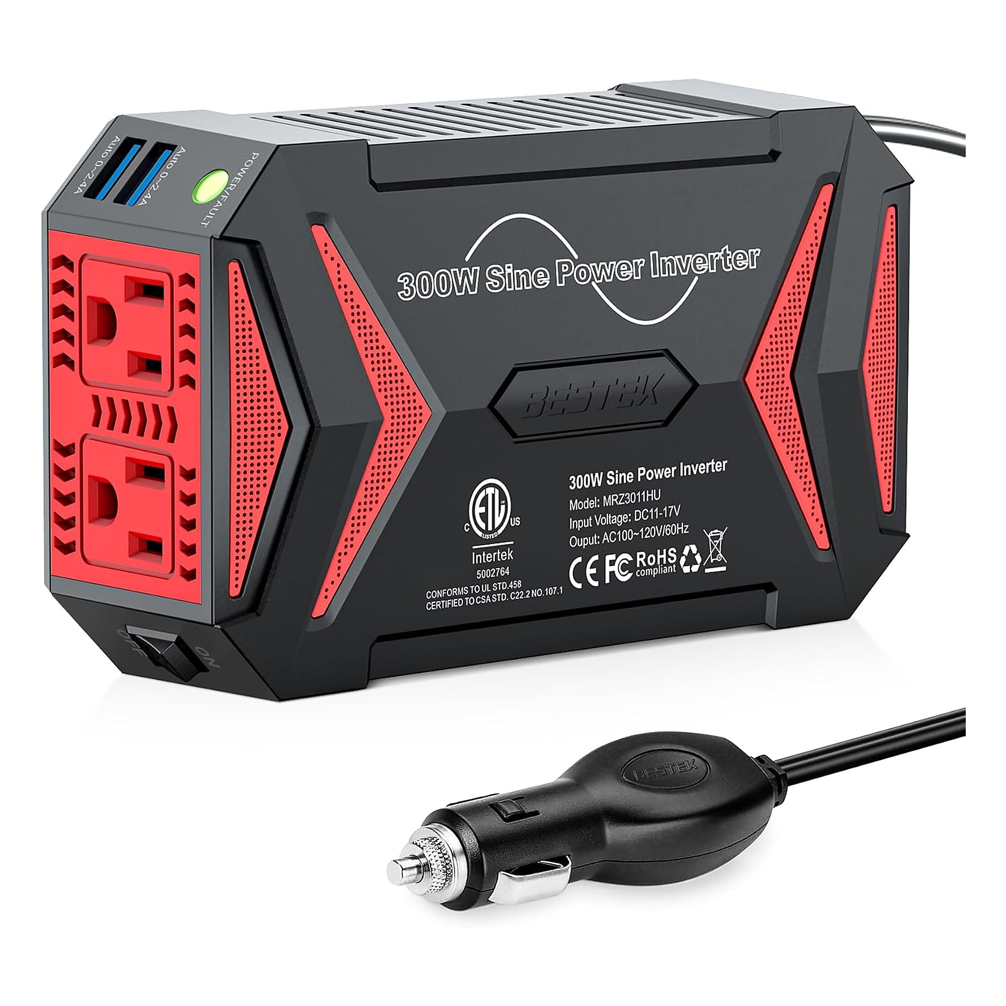 BESTEK MRZ3011HU 300W Pure Sine Inverter (car plug-in, 4 outlets, 700W peak, ETL)
