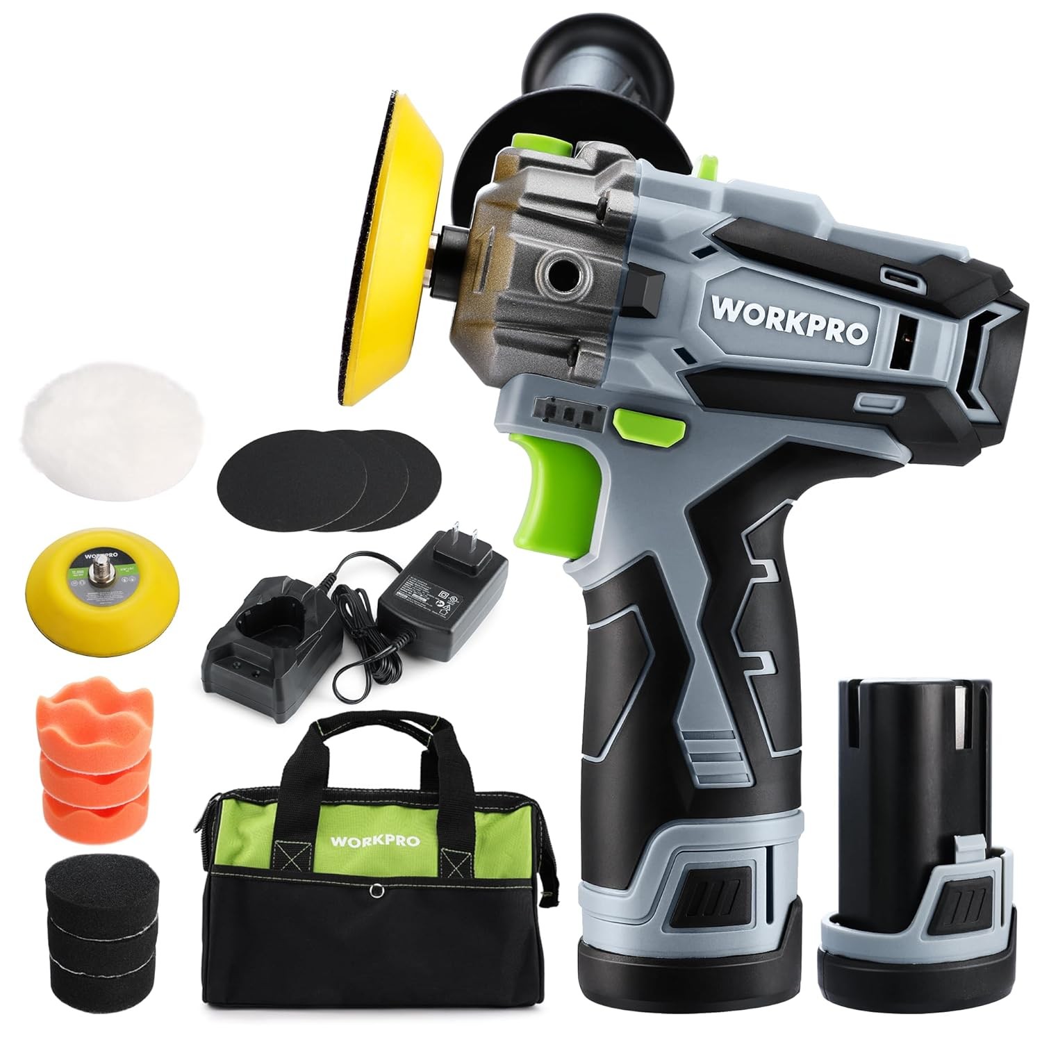 WORKPRO 12V Cordless Polisher 3" Mini Car Detailing Buffer & Sander Machine Kit