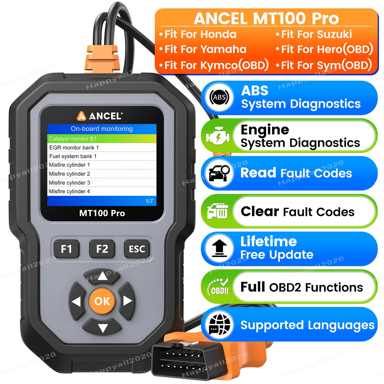 ANCEL MT100 Motorcycle OBD2 Scanner (Yamaha/Honda/Suzuki, ABS)