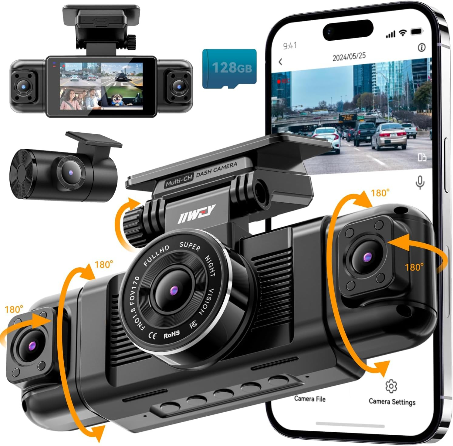 4 Channel Dash Cam 360° View, 1080P Front and Rear Inside, Left Right