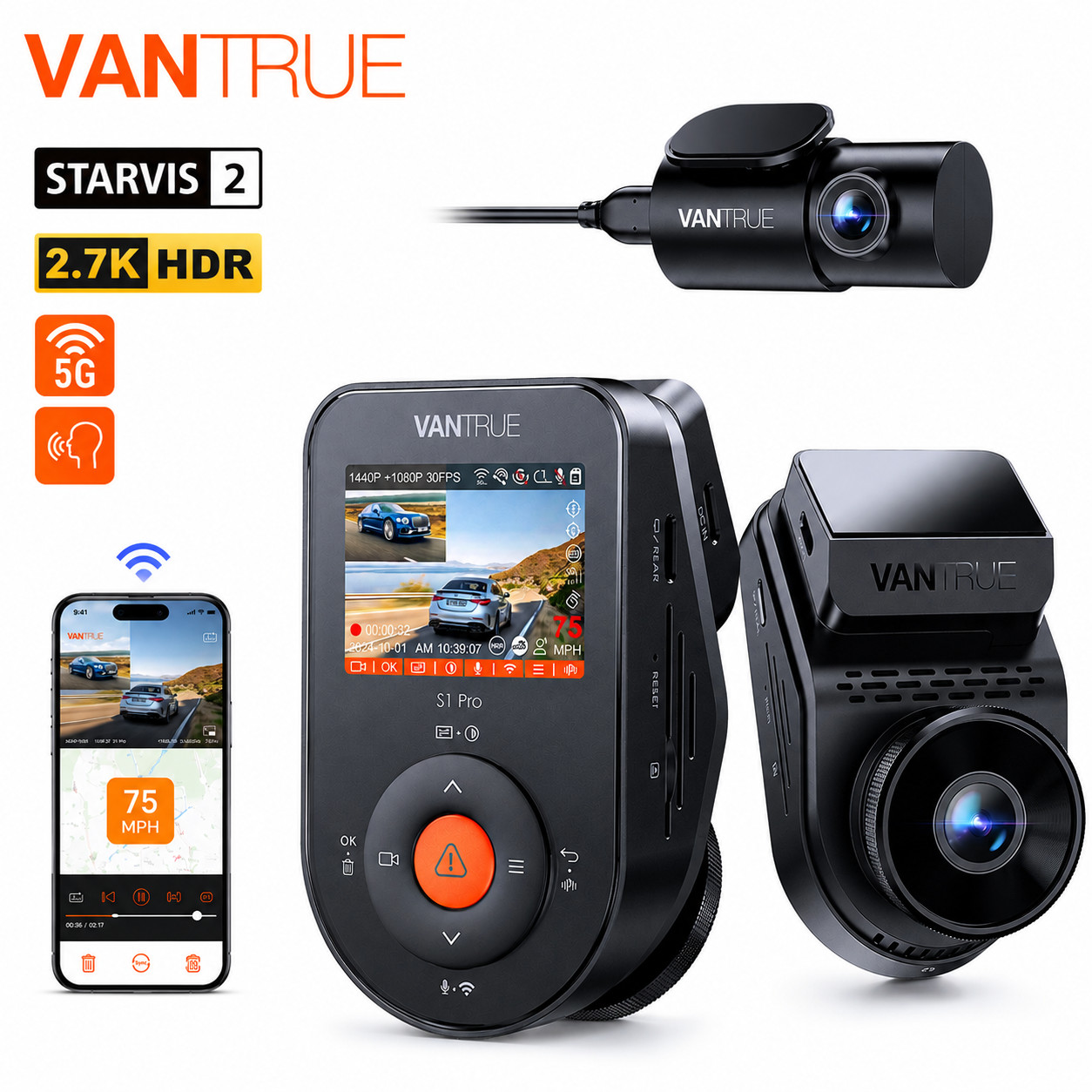 Vantrue S1 Pro Dual Dash Cam Front and Rear STARVIS 2 5G WiFi with ADAS & BSD