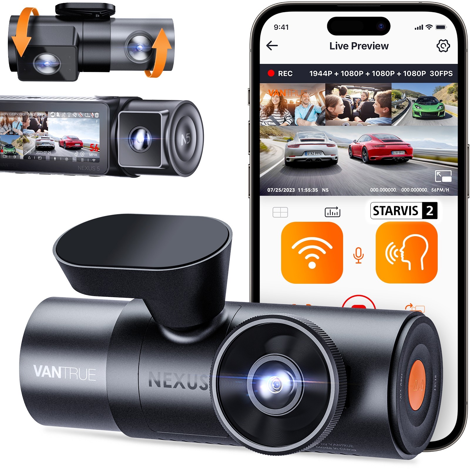 Vantrue N5 4-Channel 360° Dash Cam (front/rear/inside, parking mode, GPS, Wi-Fi)