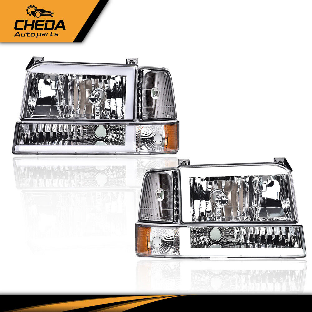 FOR 92-96 FORD F150 F250 F350 LED DRL Chrome Housing Amber Corner Headlight Lamp