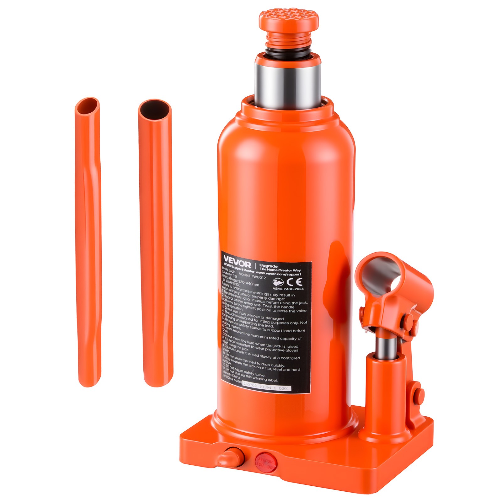 VEVOR 12-Ton Hydraulic Bottle Jack Heavy Duty Orange